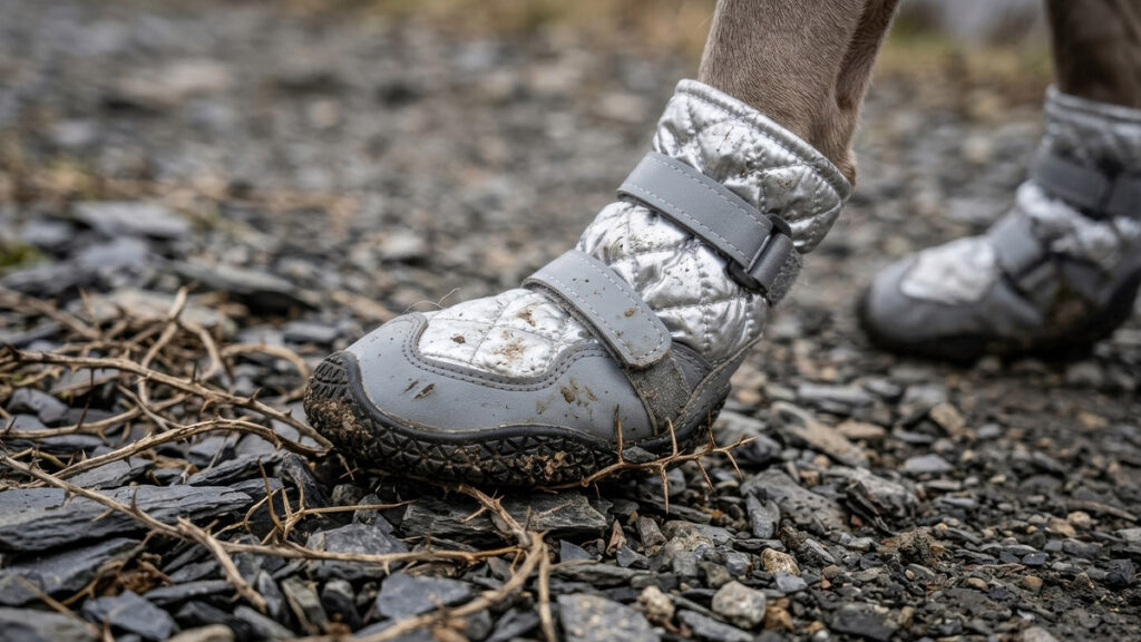 Close-up of a dog's silver boot with a thick puncture-resistant rubber sole stepping securely on sharp dry thorns and rocky slate trail.