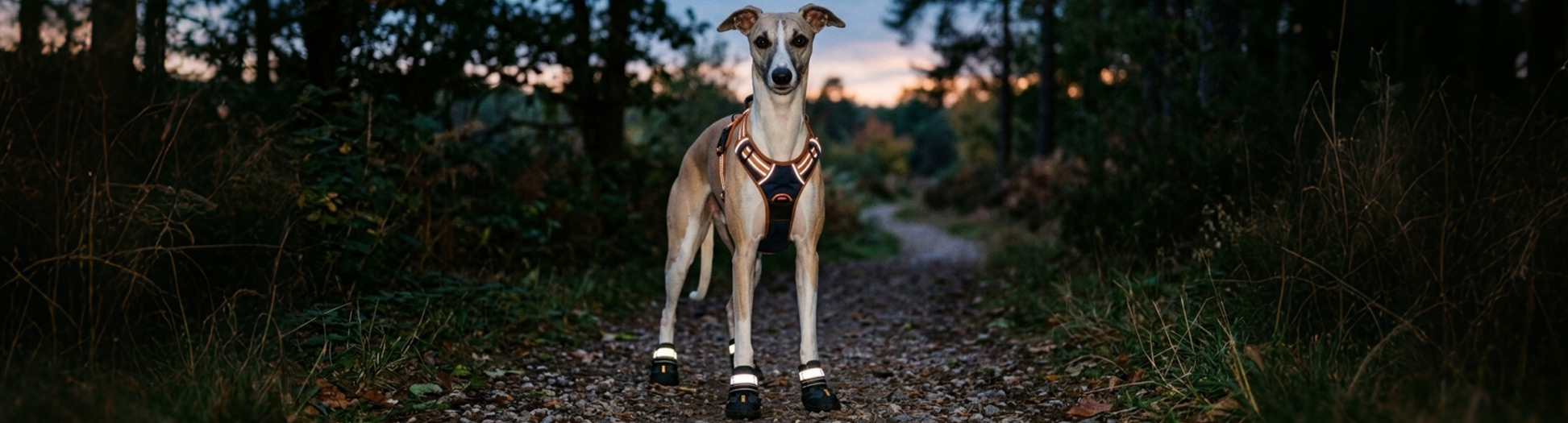 Whippet wearing reflective safety harness and boots on a dusk trail for Safety & Visibility gear guides.