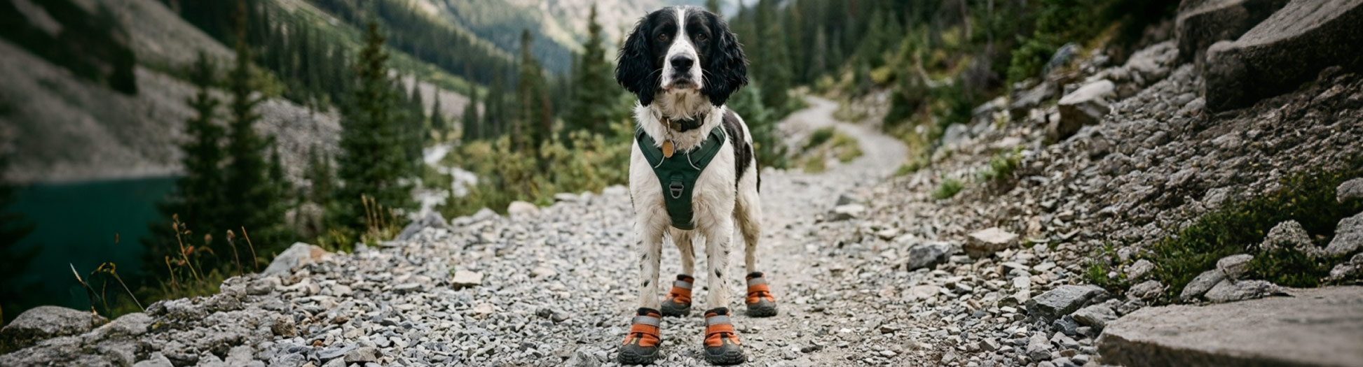 English Springer Spaniel wearing orange boots on a rocky gravel path for Hiking & Rough Terrain guides.