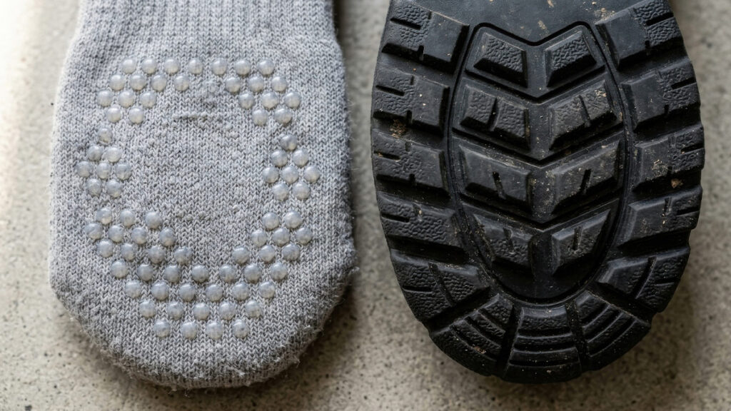 Macro flat lay comparison of indoor dog socks with silicone grip dots beside heavy-duty molded rubber outsoles with mud-clearing treads.