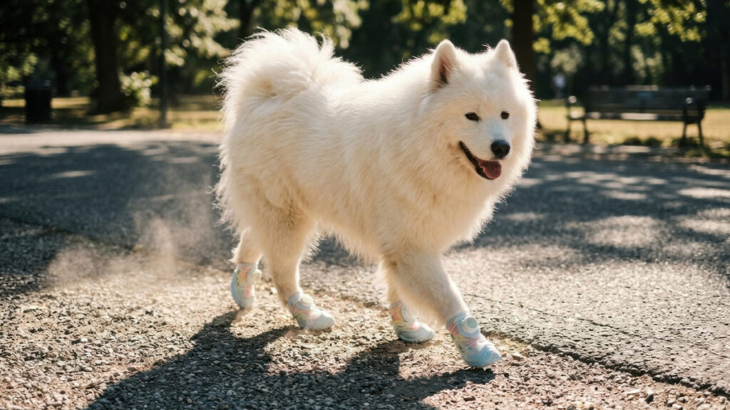 A fluffy white Samoyed walking on a sunny park path wearing breathable summer shoes to prevent paw burns.