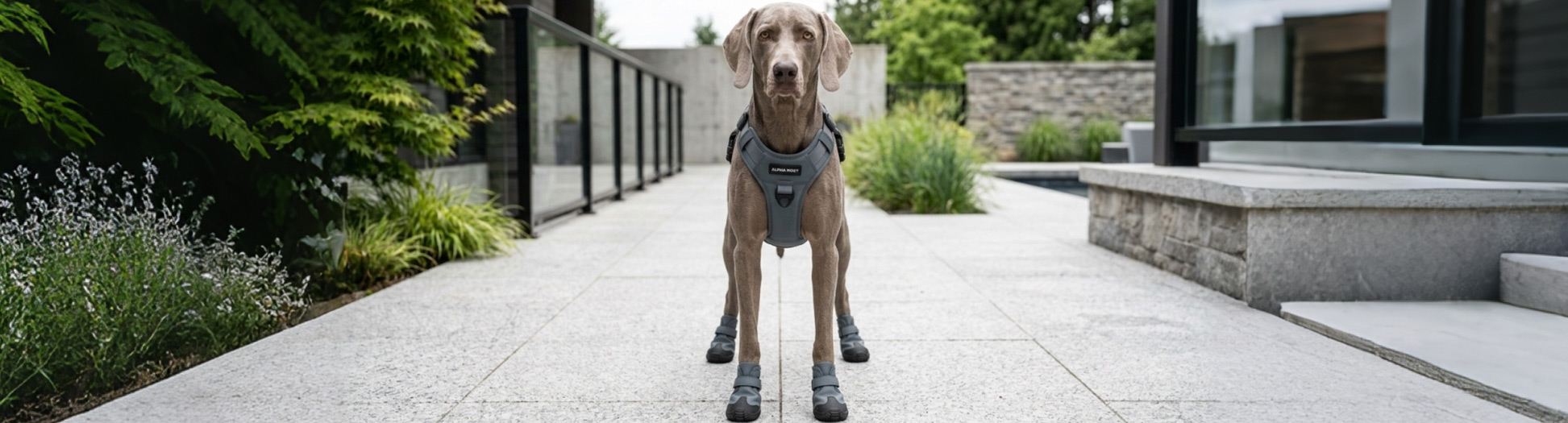 Weimaraner standing outdoors wearing a technical harness and molded rubber boots for Materials & Technology guides.