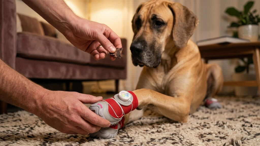 How to Get Dog Used to Shoes: Stop the Funny Walk Close-up of an owner putting a protective shoe on a Great Dane's front paw while offering a freeze-dried meat treat.