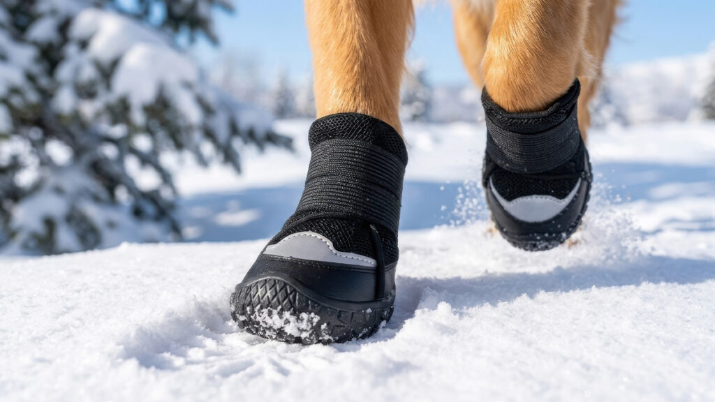 Extreme close-up of a dog's paws wearing waterproof black winter boots stepping firmly through deep snow and ice.