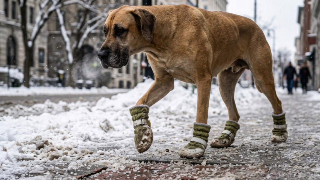 A Great Dane walking on a slushy, salt-covered winter sidewalk wearing heavy-duty insulated dog boots.