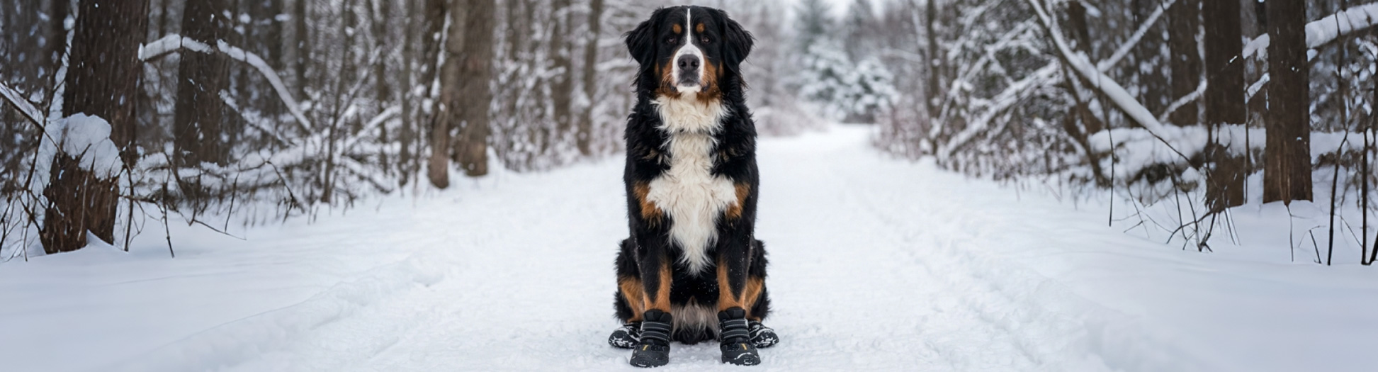 Bernese Mountain Dog sitting on a snowy path wearing protective winter boots for Weather Protection tips.