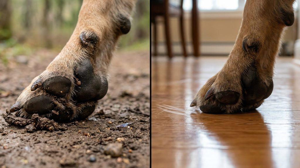 Biomechanical comparison showing why dogs need anti slip dog socks comparing natural dirt traction with indoor hardwood floor slipping.