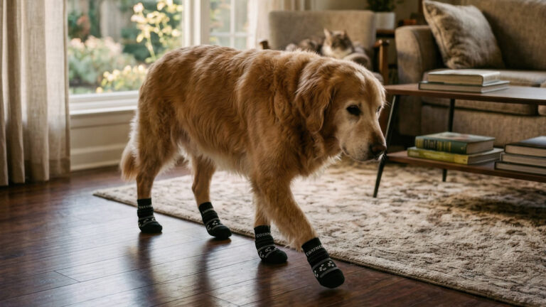 Anti Slip Dog Socks Guide: Stop Indoor Slipping A senior Golden Retriever walking confidently across a polished hardwood living room floor wearing black anti slip dog socks.