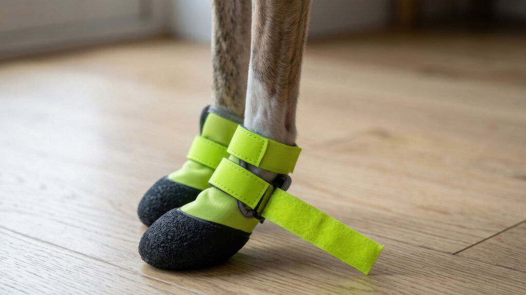 Close-up showing why dog boots keep falling off due to canine leg tapering and proper strap placement above the paw.
