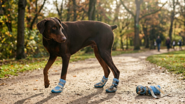 A brown Doberman pausing on a dirt park trail after one of its blue dog boots keep falling off onto the ground.