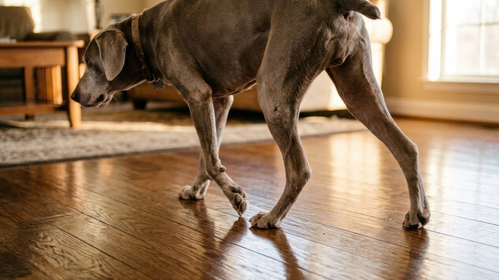 Dog Slipping on Hardwood Floors: Prevent Painful Joint Injuries Close-up showing the physics behind dog slipping on hardwood floors with a senior Weimaraner bracing its rear legs on slick lacquer.