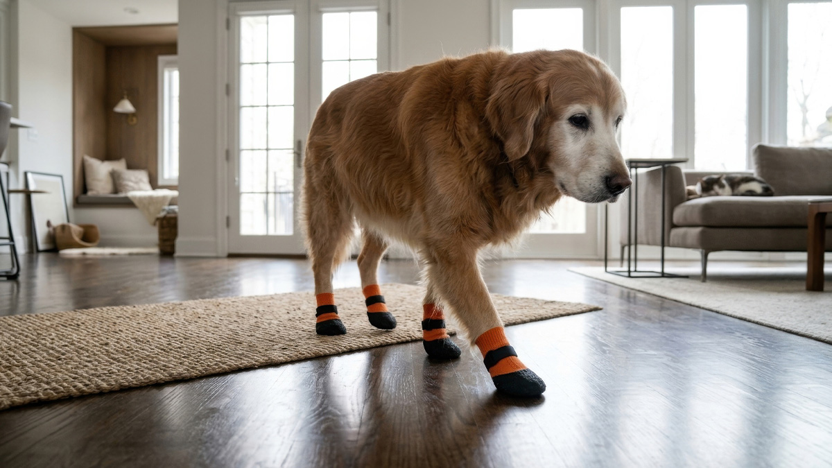 Dog Slipping on Hardwood Floors: Prevent Painful Joint Injuries A senior Golden Retriever walking safely from a runner rug to stop dog slipping on hardwood floors wearing grip socks.