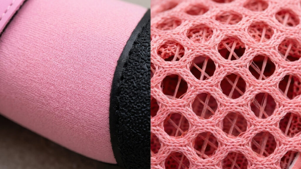 Macro comparison of smooth pink waterproof neoprene fabric beside open breathable 3D honeycomb air mesh for dog shoes.