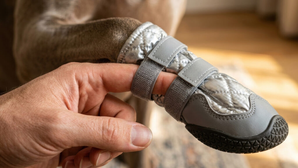 Close-up of an owner testing boot snugness by sliding one index finger under the fastened strap of a silver dog boot.
