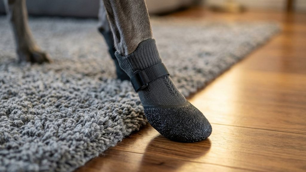 Dog Slipping on Hardwood Floors: Prevent Painful Joint Injuries Macro shot of a dog's paw wearing a charcoal indoor traction sock with a secure buckle strap stepping from a rug to hardwood.