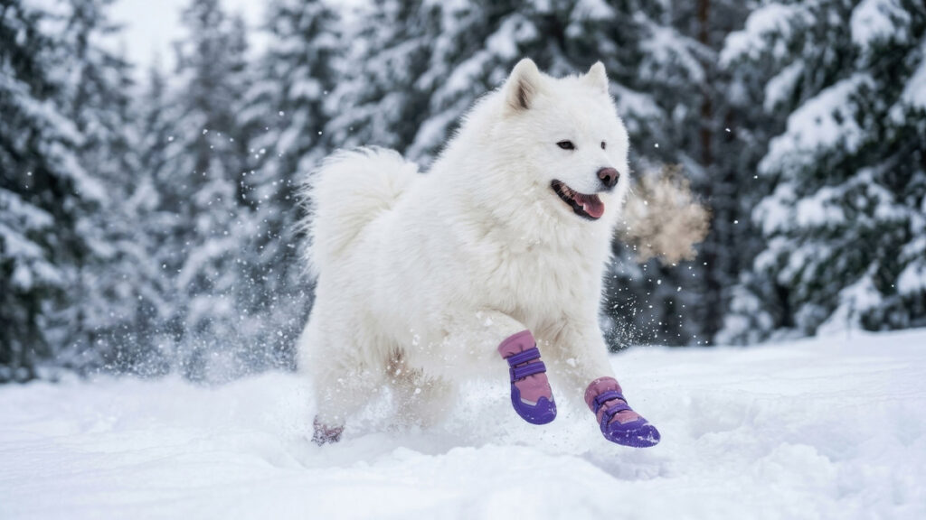 A white Samoyed sprinting through fresh deep snow with all four purple winter boots securely locked in place.