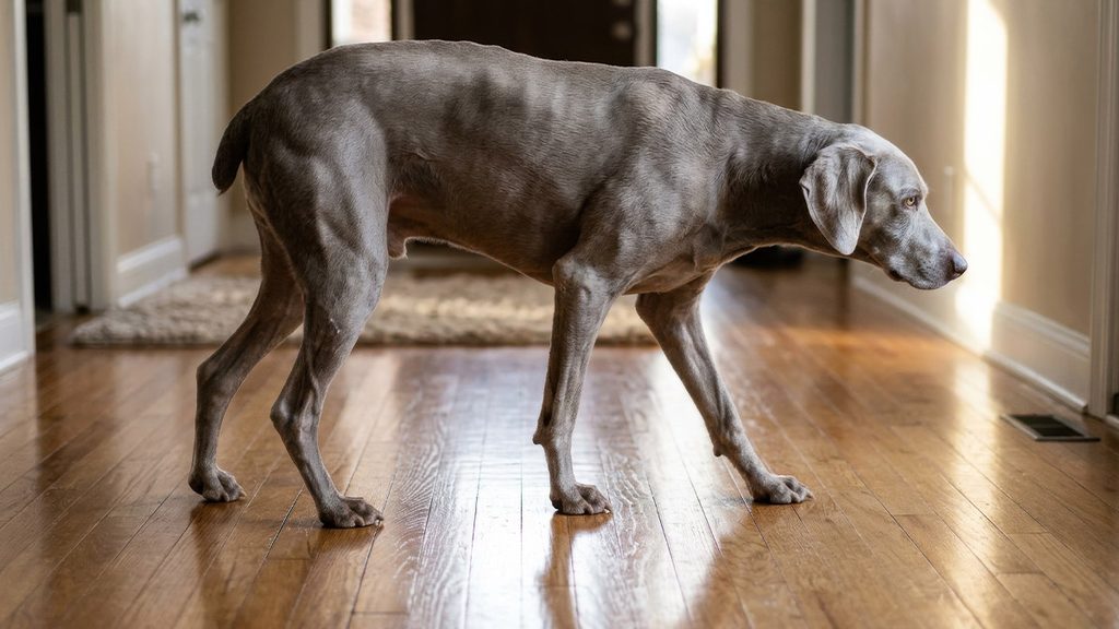 A senior Weimaraner walking with a cautious, stiff-legged stance across a wide expanse of bare, shiny hardwood floor.