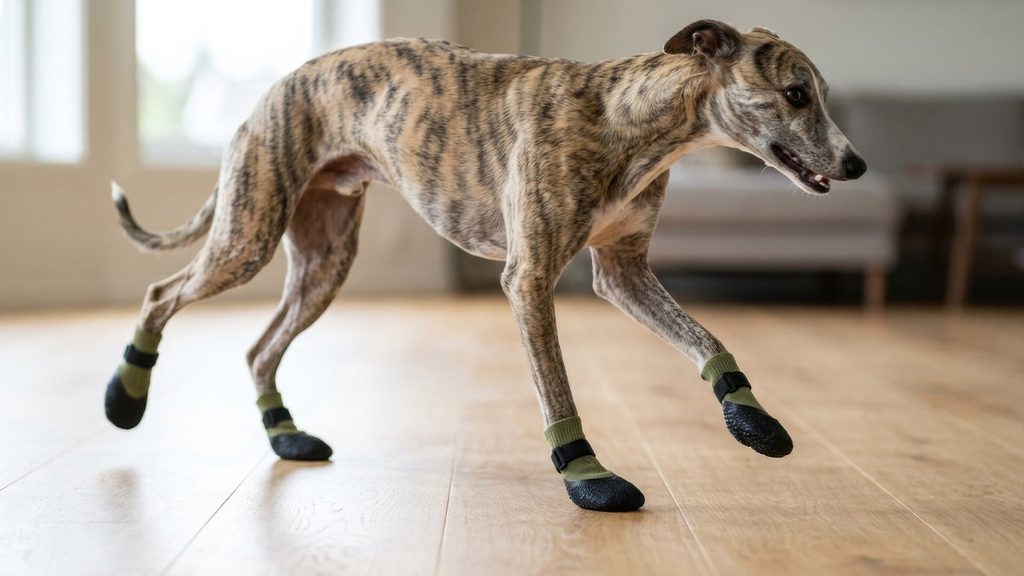 Dog Slipping on Hardwood Floors: Prevent Painful Joint Injuries An athletic brindle Whippet trotting smoothly across a hardwood floor wearing non-slip indoor socks with textured rubber grip toes.