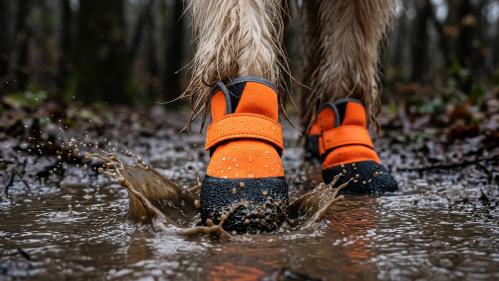 Close-up of bright orange waterproof vs breathable dog boots splashing firmly into a muddy woodland puddle while repelling water.