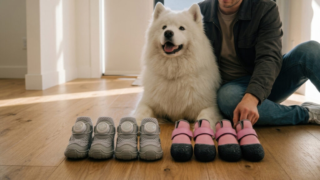 A white Samoyed sitting in an entryway next to breathable mesh dog shoes and waterproof neoprene boots for seasonal weather selection.