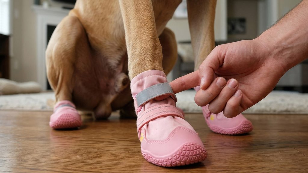 Dog Boots Rubbing Paws? Stop Chafing & Blisters Owner sliding an index finger under the reflective strap of a pink dog boot to check tension and prevent ankle chafing.
