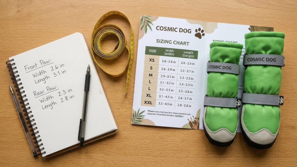 Dog Boot Sizing and Fit Guide: Get the Perfect Match Curated flat lay showing handwritten paw measurements next to a printed dog boot size chart, tape measure, and green boots.
