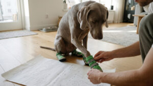 Owner checking green boot fit on a Weimaraner sitting on paper for a dog boot sizing and fit guide.