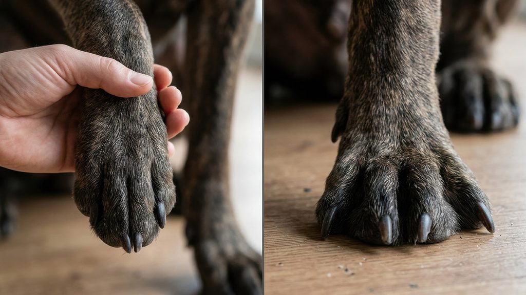 Dog Boot Sizing and Fit Guide: Get the Perfect Match Comparison illustrating dog boot sizing and fit between a lifted relaxed paw and a flattened weight-bearing paw on wood floor.