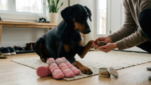 Owner inspecting a Doberman's front paw to prevent dog boots rubbing paws next to pink ergonomic boots and organic paw balm.