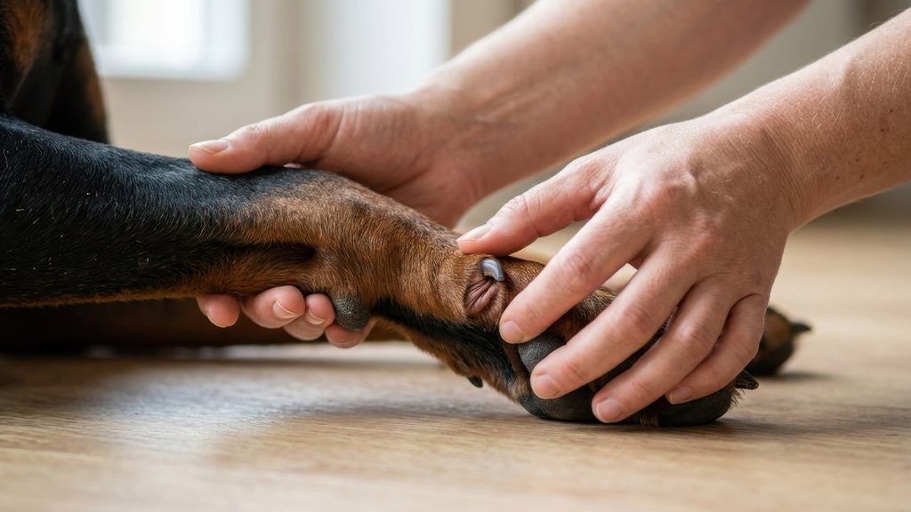 Dog Boots Rubbing Paws? Stop Chafing & Blisters Close-up of hands examining a dog's sensitive dewclaw and carpal pad to check for dog boots rubbing paws.