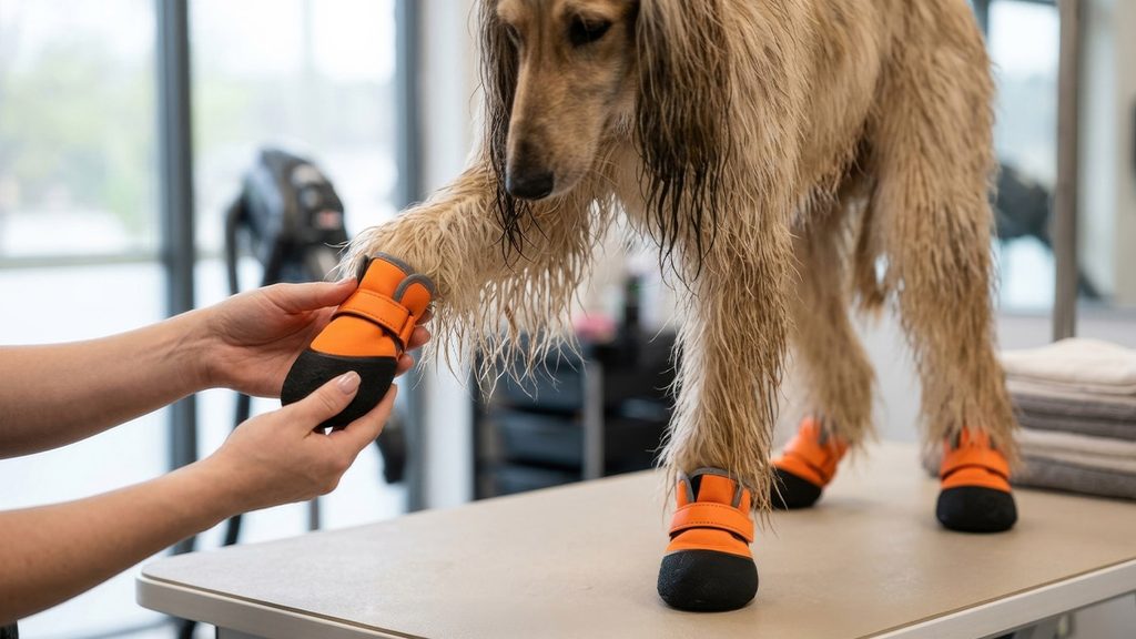 Dog Grooming Shoes: Calm Bath Time & Keep Paws Clean A groomer fitting orange dog grooming shoes onto a wet-coated Afghan Hound standing on a smooth metal grooming table.