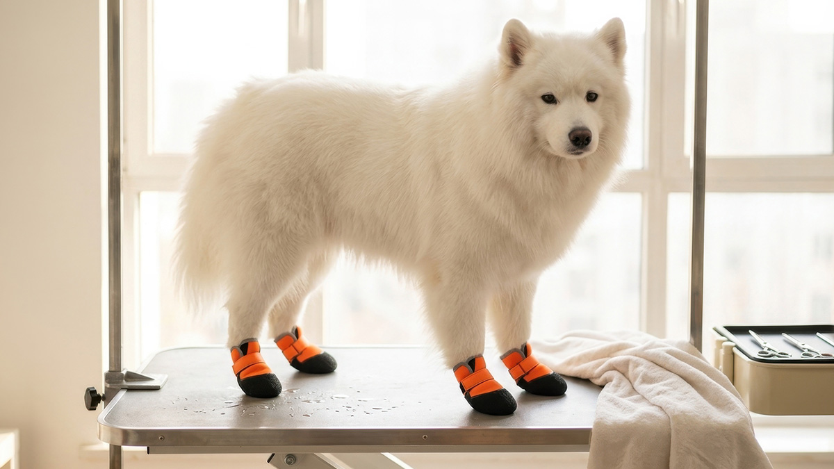 Dog Grooming Shoes: Calm Bath Time & Keep Paws Clean A fluffy white Samoyed standing calmly on a wet grooming table wearing orange dog grooming shoes with non-slip soles.