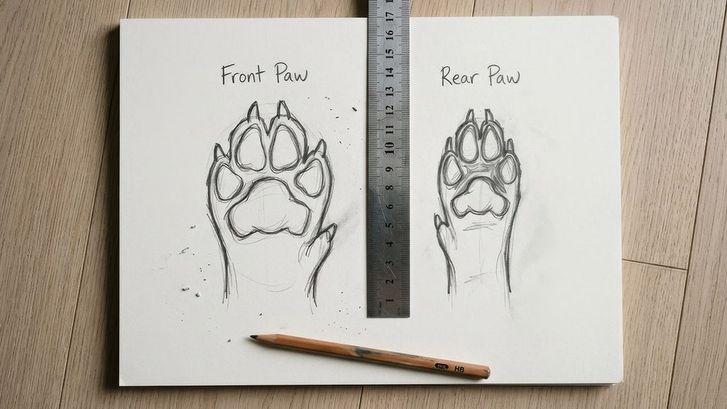 Dog Boot Sizing and Fit Guide: Get the Perfect Match Paper pencil tracings comparing wider front paw against narrower rear paw with a metal ruler.