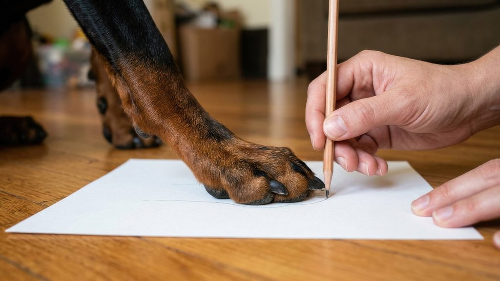 Dog Boot Sizing and Fit Guide: Get the Perfect Match Hand holding a vertical pencil marking the widest edge of a Doberman paw on white paper.