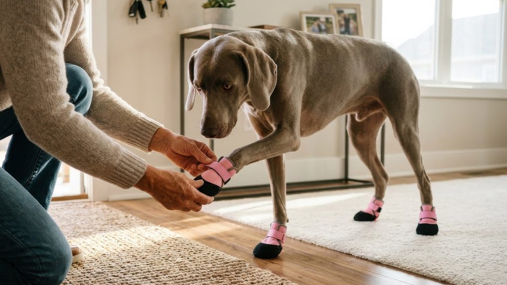 Dog Grooming Shoes: Calm Bath Time & Keep Paws Clean An owner fitting pink lightweight indoor shoes on a Weimaraner's paw on an entryway mat before stepping onto clean carpet.