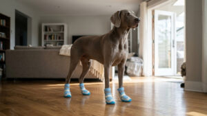 A regal silver Weimaraner standing tall and steady wearing mobility and traction dog boots on polished hardwood flooring.