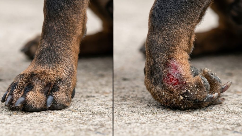 Mobility and Traction Dog Boots: Arthritis & IVDD Guide Biomechanical comparison showing why dogs need mobility and traction dog boots comparing a normal paw stance with dorsal knuckling abrasion.
