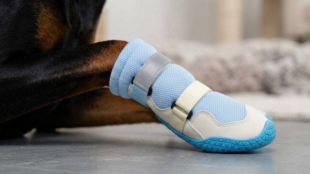 Mobility and Traction Dog Boots: Arthritis & IVDD Guide Close-up of a Doberman's rear paw fitted in a light blue orthopedic mobility boot featuring dual secure straps and a protective textured blue rubber sole.