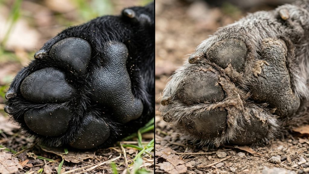 Paw Friction for Dogs: 5 Solutions for Senior Paws Macro comparison showing why senior pets lose paw friction for dogs with a healthy black pad beside a dry, crusty hyperkeratosis paw pad.