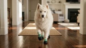 A white Samoyed walking steadily to restore paw friction for dogs on dark polished hardwood floors wearing knit grip socks.