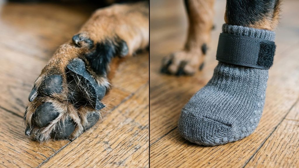 Paw Friction for Dogs: 5 Solutions for Senior Paws Close-up comparison of a black adhesive paw grip peeling off and gathering fur beside a secure grey knit anti-slip sock with strap.