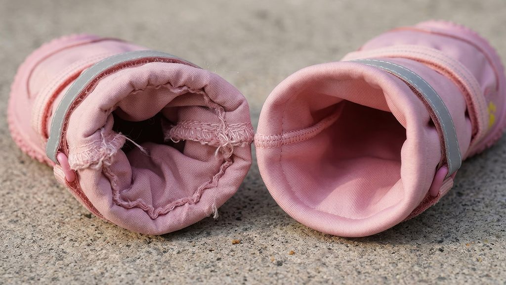 Dog Boots Rubbing Paws? Stop Chafing & Blisters Macro comparison of a pink dog boot with frayed rough inner seams beside a boot with a smooth, flat interior lining.