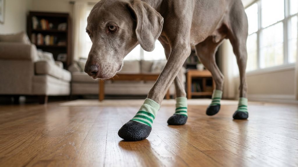Paw Friction for Dogs: 5 Solutions for Senior Paws A senior Weimaraner stepping forward steadily on a light oak floor wearing green-and-white striped socks with black grip rubber soles.