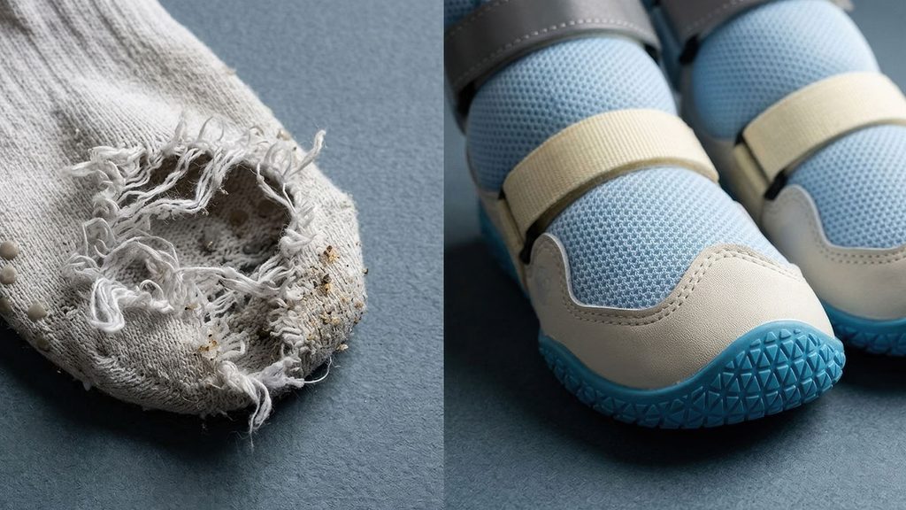 Mobility and Traction Dog Boots: Arthritis & IVDD Guide Macro comparison of a thin cotton grip sock with a large hole worn through the toe beside a durable mobility boot with a reinforced rubber toe bumper.